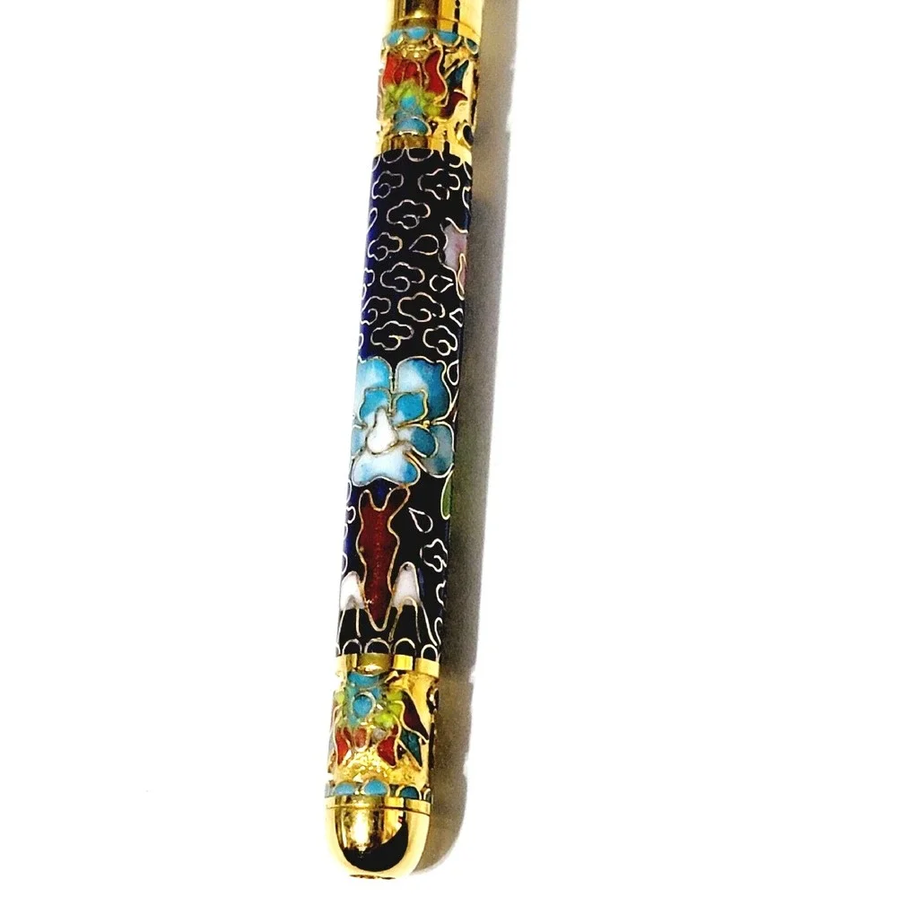 Vintage Blue Ink Pen Floral Cloisonne Retractable Gold Trim Gift Box
